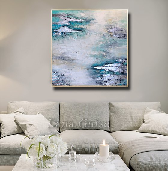 Light Of Day - Abstract White Grey Teal Silver Painting, Square Painting 32" Large Canvas, Minimalist Painting, Living Room Painting