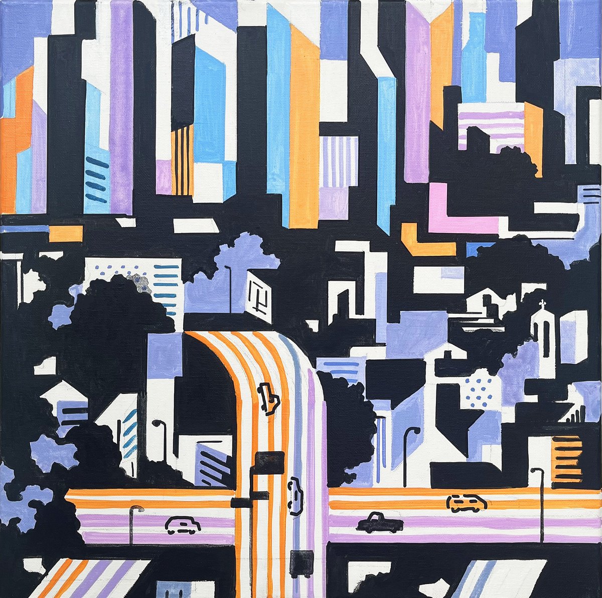 Urban And Pop Cityscapes Acrylic Painting By Andre Baldet, 16 X 16, Los_Angeles-Downtown-14C, Original Artwork