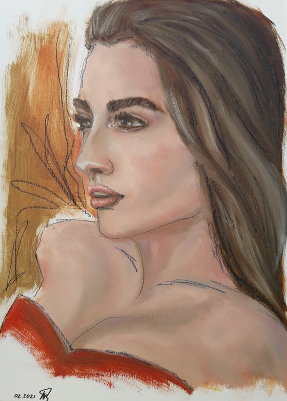 Lady in red. Woman portrait. Etude style. 38 x 27 cm/ 15 x 10.6 in