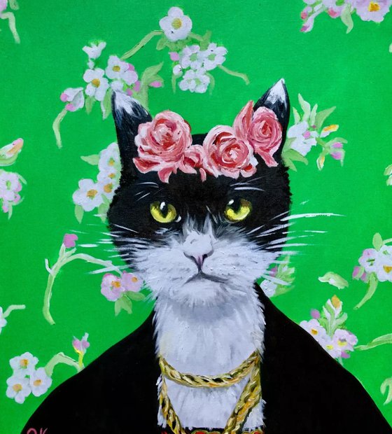 Black cute cat Frida Kahlo