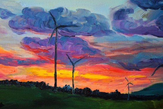 Slovak original oil painting on canvas Wind park on hills in sunset