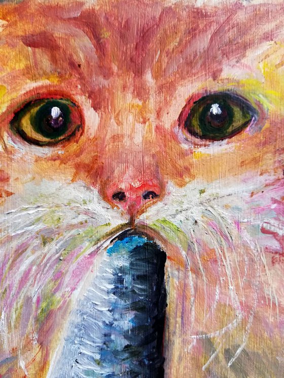 "A Cat with a Fish" Original Oil Painting on Cardboard 7x9.5" (18x24cm)