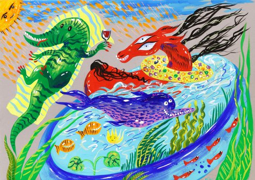 Bathing of a red horse. Crocodile and dolphin chill by the pool by Anna Onikiienko