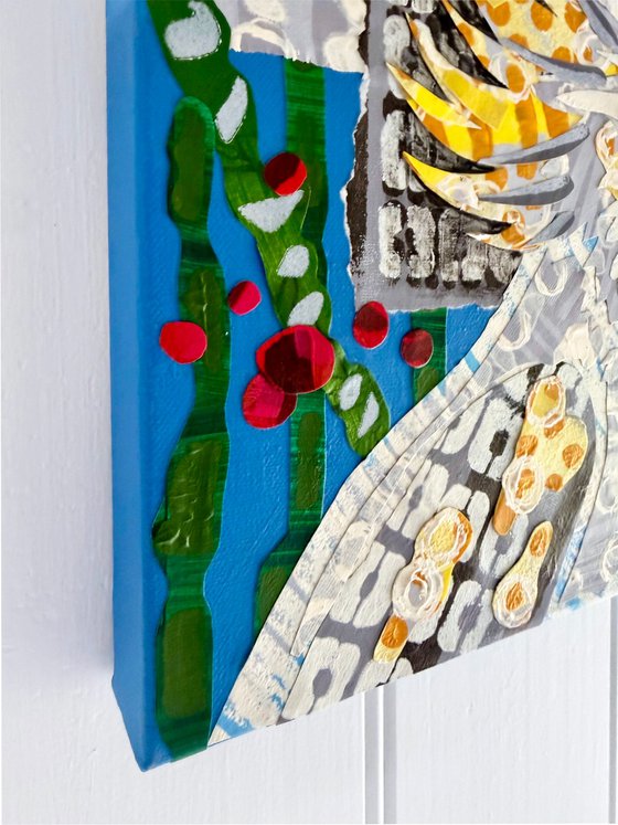 Cockatoo and Banksias Bird Collage Painting