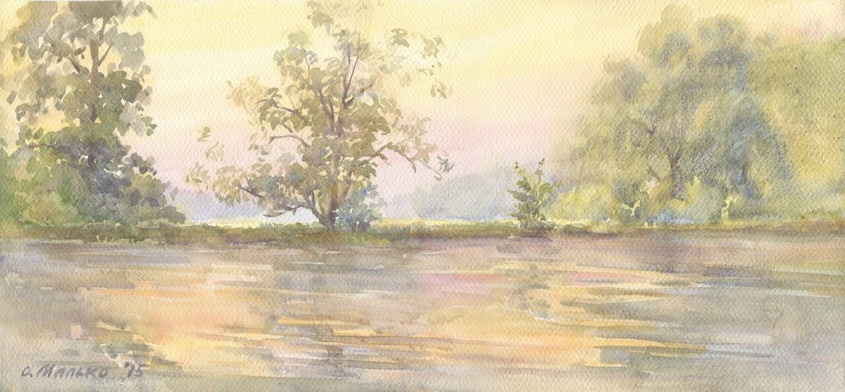 Pond at dawn / Original picture Summer landscape Morning painting Plein air watercolour by Olha Malko
