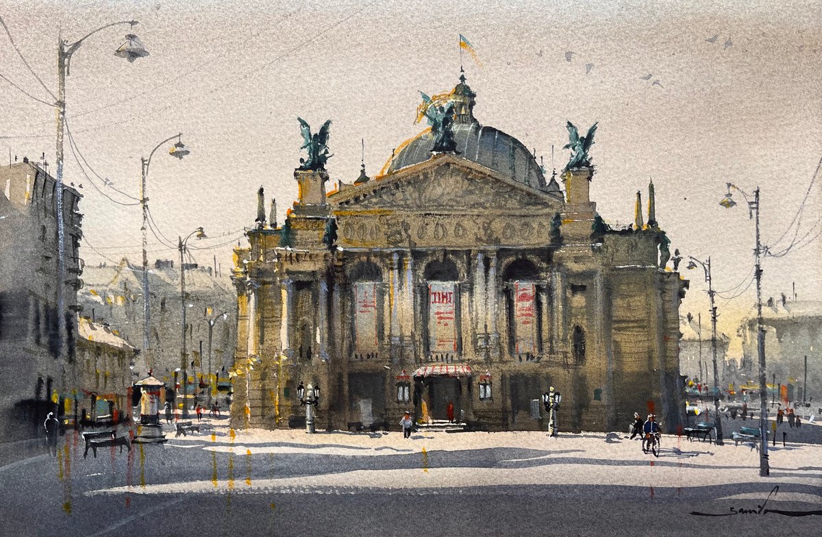 Expressive Cityscapes Watercolour By Samira Yanushkova, 11 X 7", Opera Theatre, Original Artwork