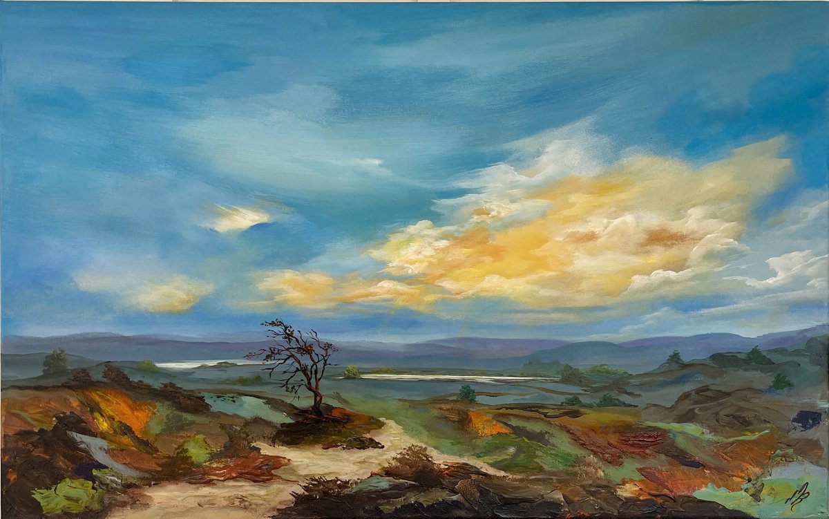 Expressive Landscape Acrylic Painting By Marja Brown, 33 X 21", Lone Tree, Original Artwork