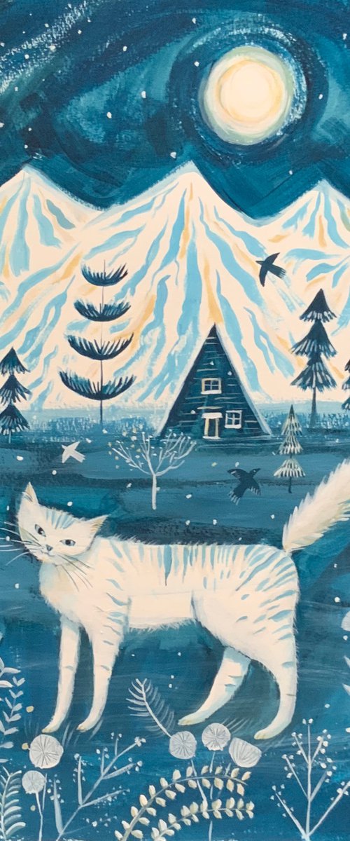 White cat in a blue winter by Mary Stubberfield
