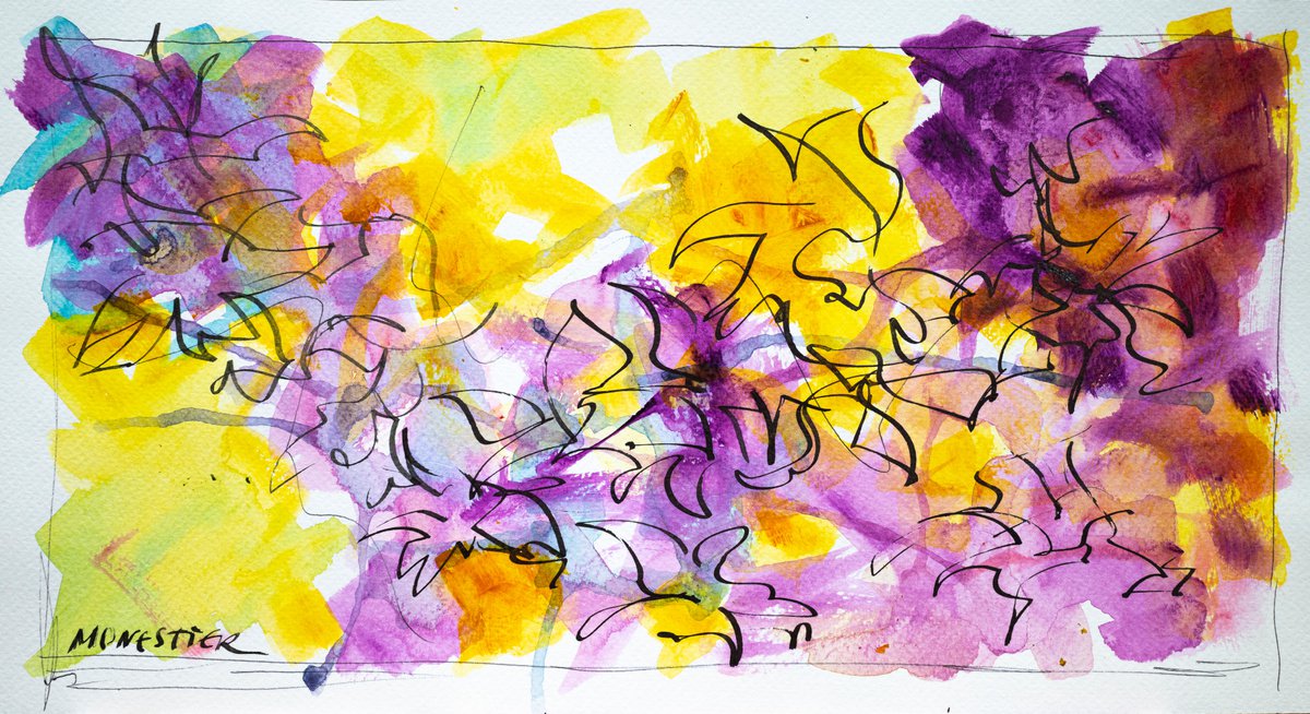 Abstract Botanical Acrylic Painting By Fabienne Monestier, 14 X 7, Floral Sketch 3, Original Artwork