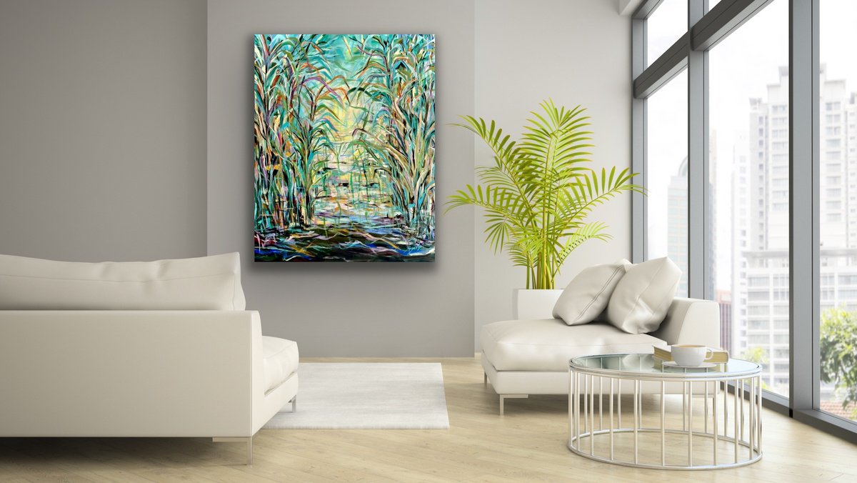 Expressive Botanical Acrylic Painting By Pooja Verma, 39 X 47", Along The Green Path, Original Artwork