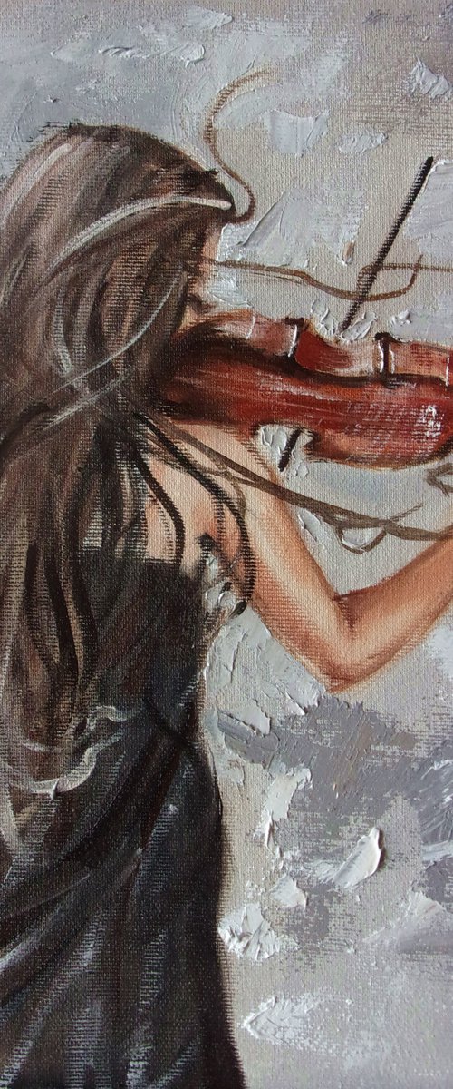 " MELODY OF DECEMBER " VIOLA MUSIC lover original painting window WINTER palette knife GIFT brown by Monika Luniak