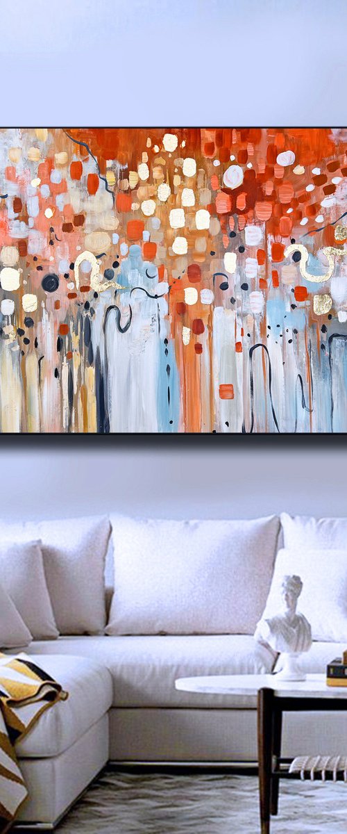 Happy Day - Abstract Painting 60" x 30" Large Abstract Gold Leaf Soft Colors White Gray Painting by Lana Guise