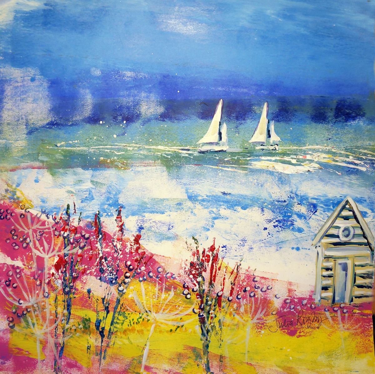 Beach Hut and two Sail Boats by Julia Rigby