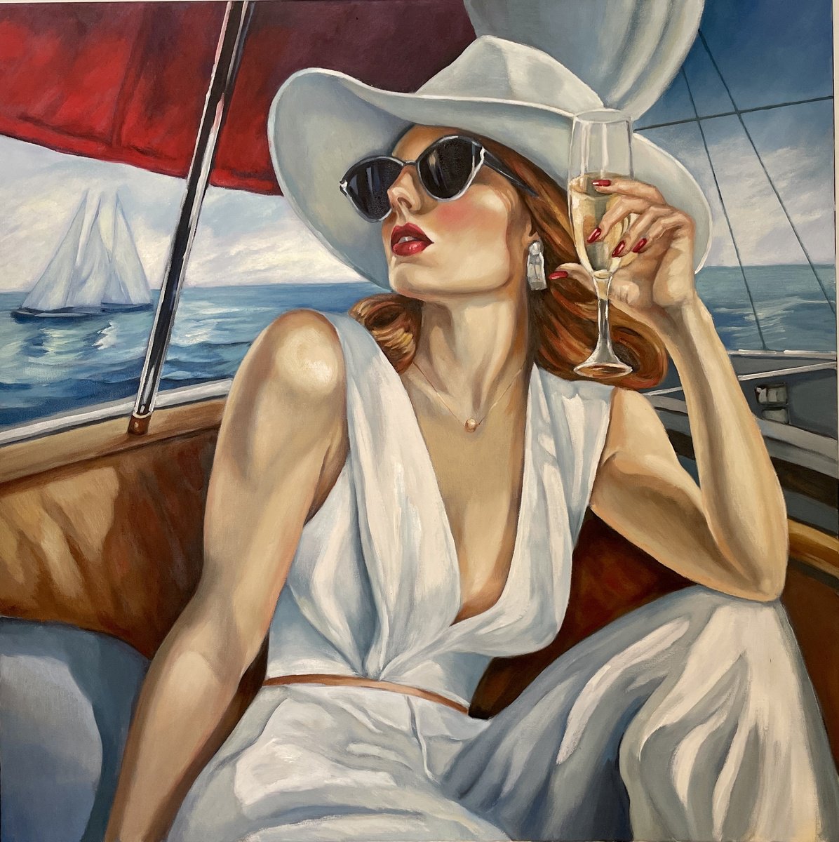 Impressionistic Portrait Oil Painting By Anna Reznikova, 39 X 39, Yacht Day In Mayami, Original Artwork