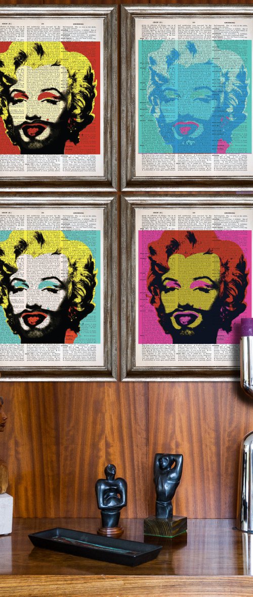 Marilyn Monroe With a Beard - Andy Warhol Inspired Multi Panel 4 Collage Art on Large Real English Dictionary Vintage Book Page by Jakub DK - JAKUB D KRZEWNIAK
