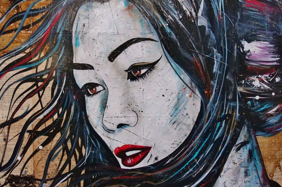 Cherry Aqua 120cm x 150cm Japanese Geisha Book Page Urban Pop Art