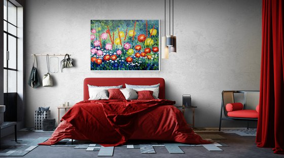 Red pink white white flowers painting original