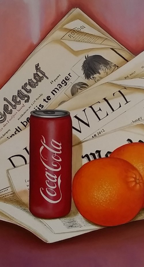 Newspaper with can and oranges by olga formisano