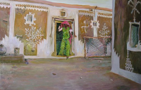 Old Courtyard - Indian Landscape - Scene - Large Size - Oil Painting 90 x 150 cm