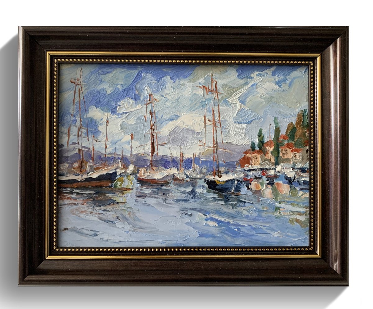 Impressionistic Landscape Oil Painting By Vita Schagen, 10 X 8", Harbor Serenity. Yachts., Original Artwork