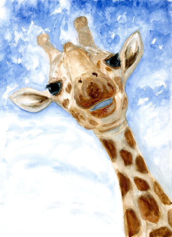 Animal watercolor painting - Giraffe portrait - Funny large art for kids - Gift idea for animal lover