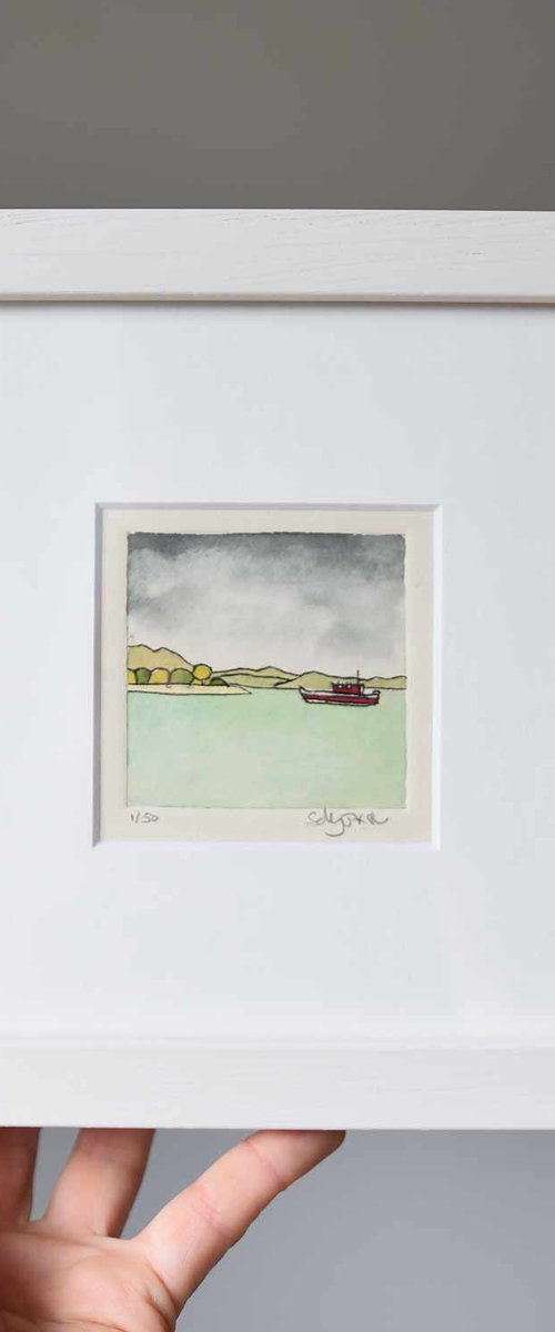 Red boat on the loch by Sally Fisher