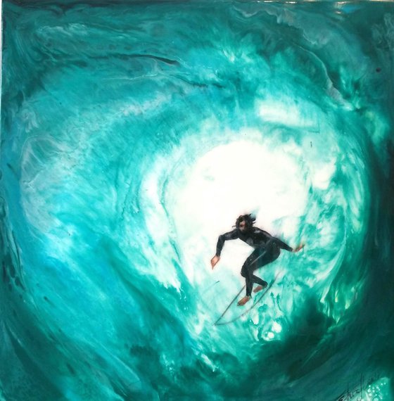 "Surfer"Contemporary resin  painting on  board, 60x60x1,2cm, ready to hang