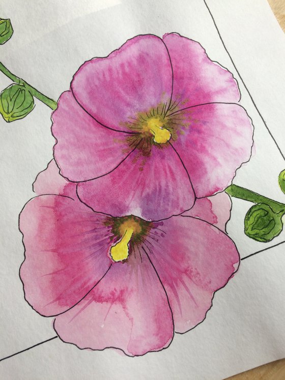 Flowers original watercolor - Pink mallow illustration - Floral mixed media drawing