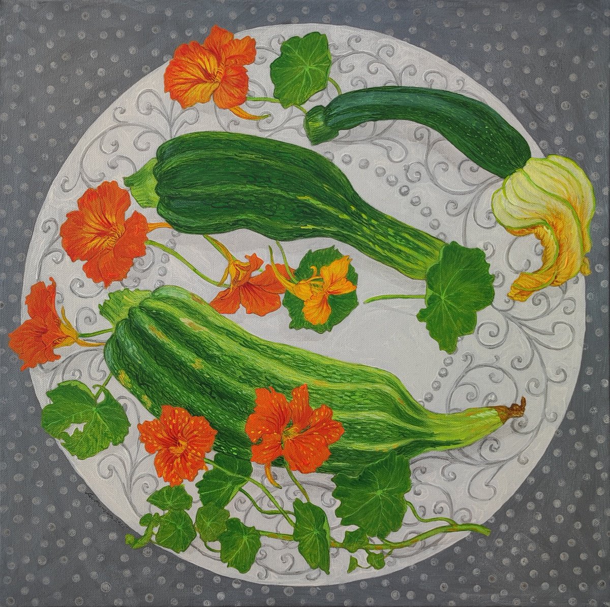 Illustrative Still Life Acrylic Painting By Natalie Levkovska, 20 X 20", Blooming Courgetti, Original Artwork