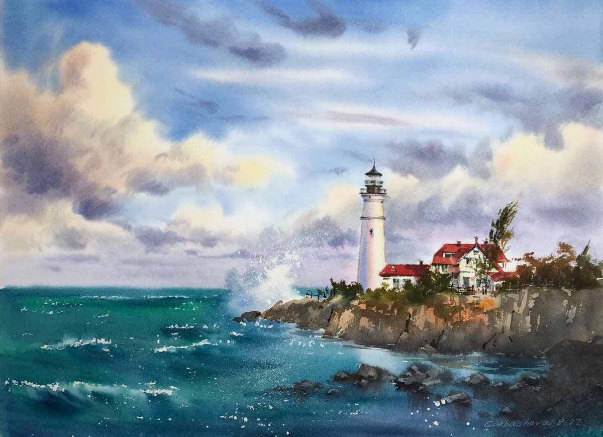 Impressionistic Landscape Watercolour By Eugenia Gorbacheva, 19 X 14, Before The Storm Lighthouse #2, Original Artwork