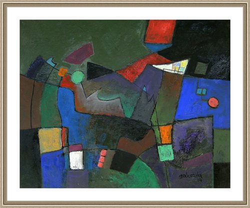 Nighttime, dark colors of the night, red blue black and grays, geometric abstract art by Constantin Galceava
