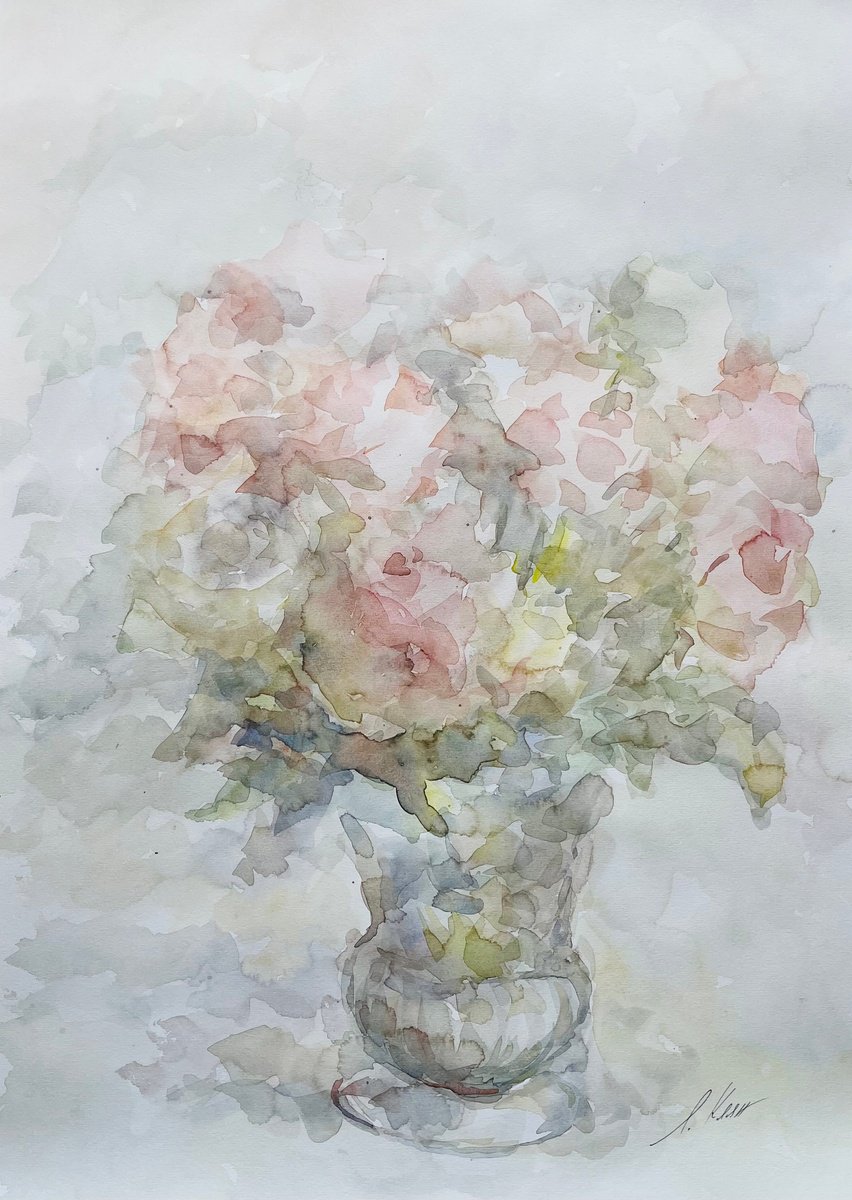 Impressionistic Botanical Watercolour By Elena Klyan, 16 X 24, Roses 42X60 Cm 2025, Original Artwork