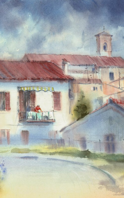 Fabriano. Before it started to rain. Watercolour by Marina Trushnikova. Cityscape. Architectural scenery by Marina Trushnikova