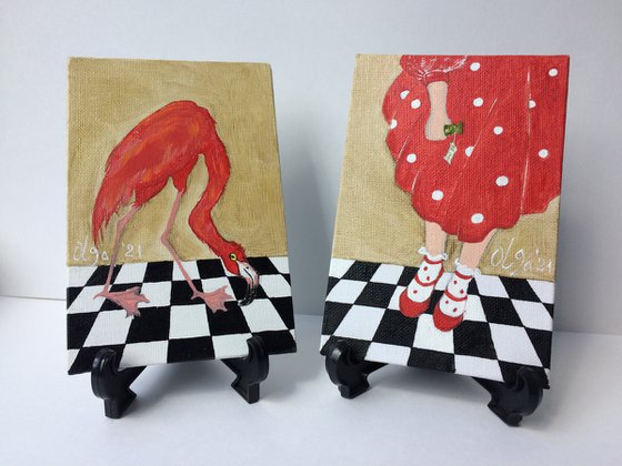 Diptych original oil paintings - Alice in Wonderland - Set of 2 miniature - Girl and flamingo (2021)