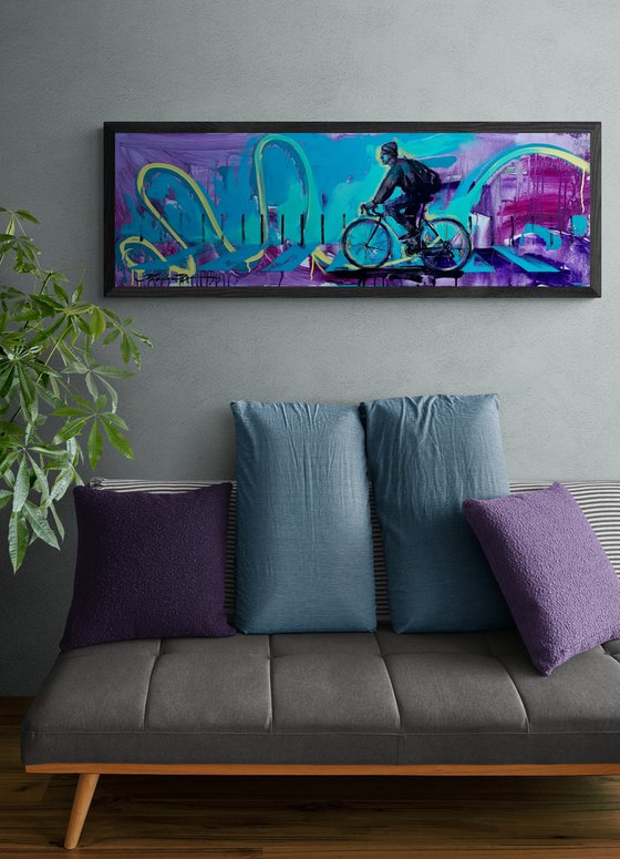 Purple horizontal painting - "Summer breeze" - Urban Art - Pop Art - Bicycle - Street Art