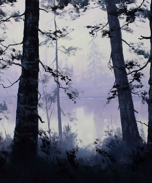 Misty trees with lake view by Graham Gercken