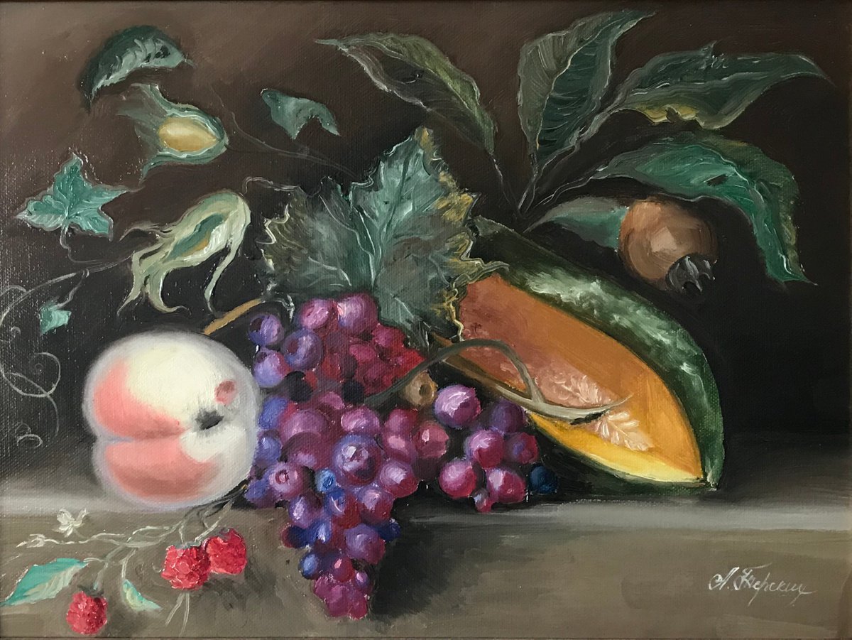 Impressionistic Botanical Oil Painting By Anastasia Terskih, 20 X 16, Melon & Rasbberry, Original Artwork