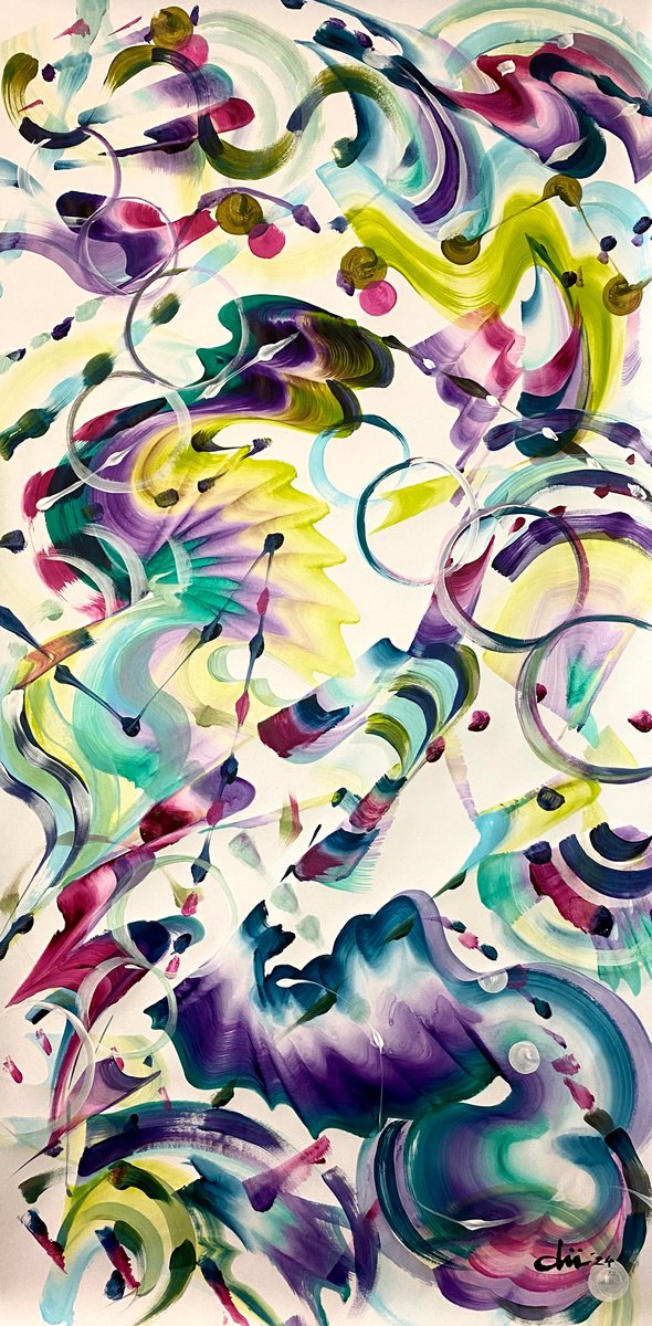 Organic Abstract Acrylic Painting By Daichi Matsusaki, 20 X 39, Color Dance 3-7-24, Original Artwork