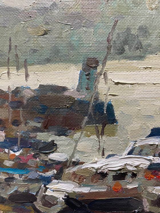 Original Oil Painting Wall Art Signed unframed Hand Made Jixiang Dong Canvas 25cm × 20cm Fishing Boat landscape Small Impressionism Impasto