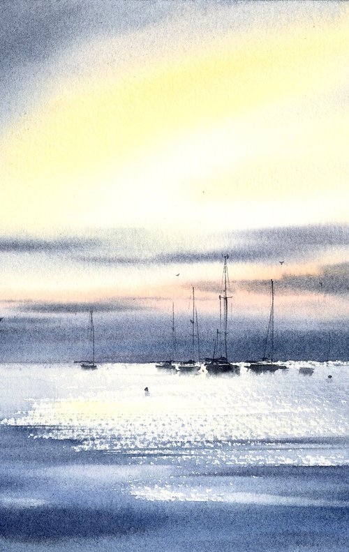 Yachts at sea at dawn #3 by Eugenia Gorbacheva