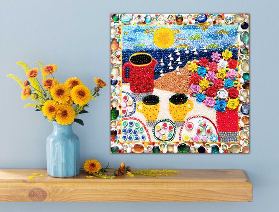 Romantic evening by the sea - Abstract still life with mosaic & glass. Naive art decorative wall sculpture