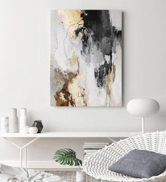 "Gray Flux 3" Gray gold white abstract art