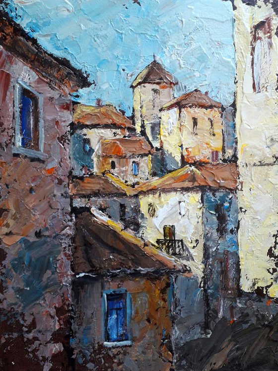Painting with a palette knife. Old city. Italy