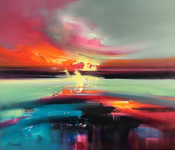 Heat Waves - 60 x 70 cm, abstract landscape oil painting in pink and green
