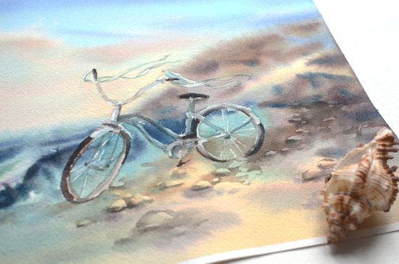 Bicycle by the sea, Watercolor painting