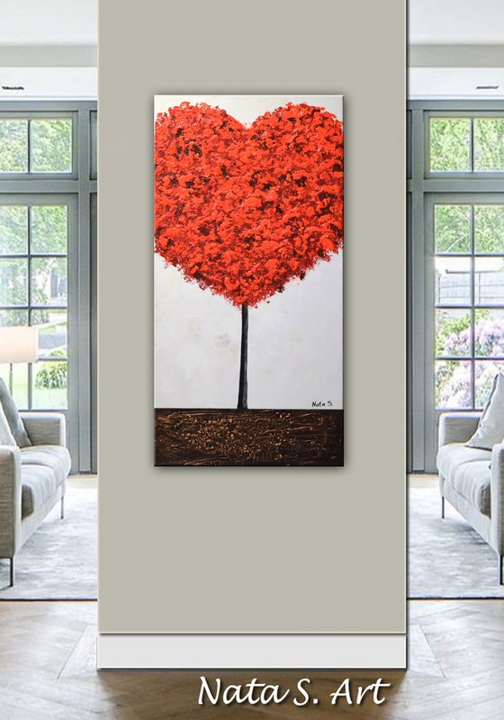 Heart Tree - Abstract Textured Red Tree Painting