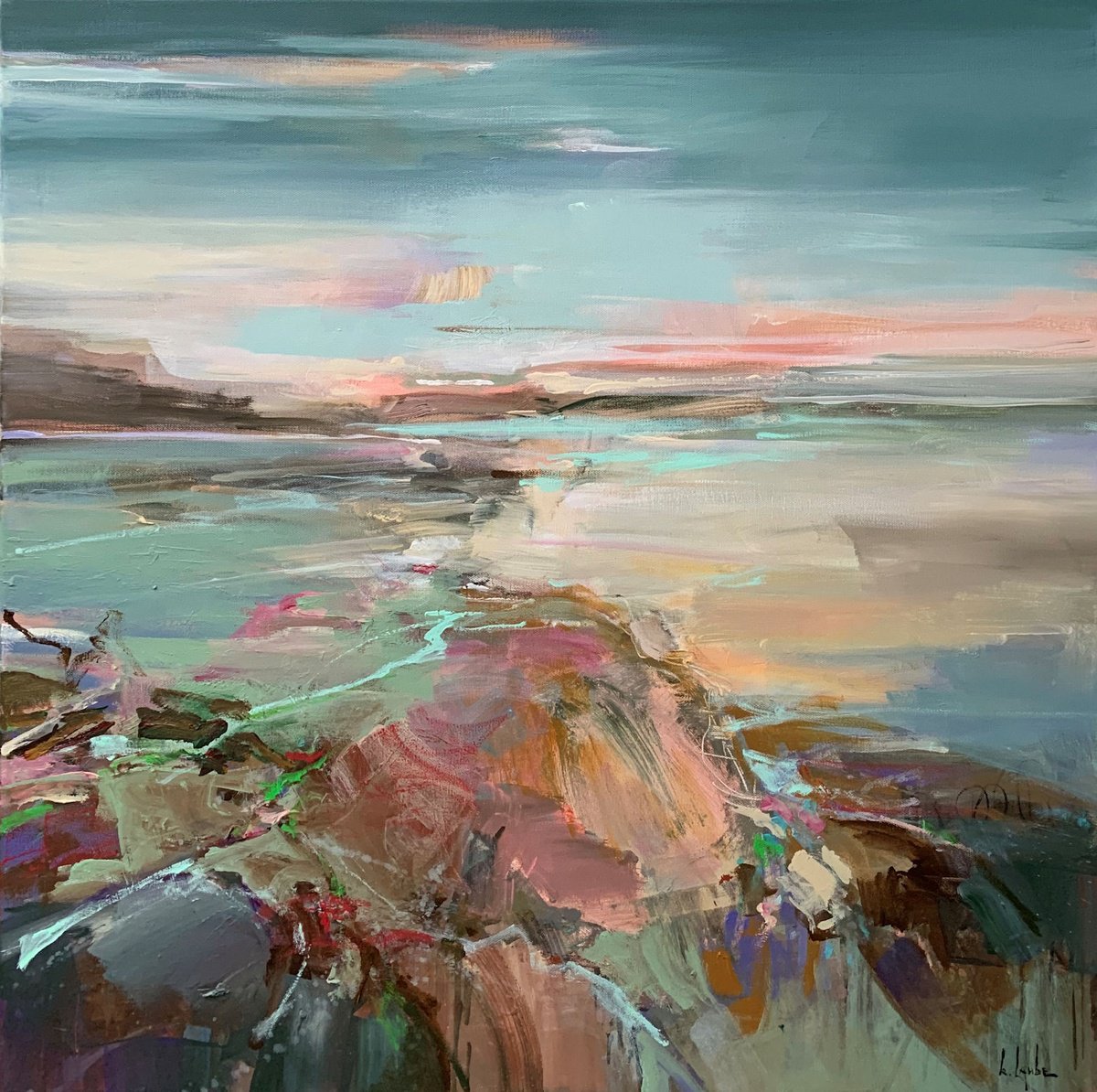 Abstract Landscape Acrylic Painting By Irina Laube, 31 X 31, Warm Evening, Original Artwork