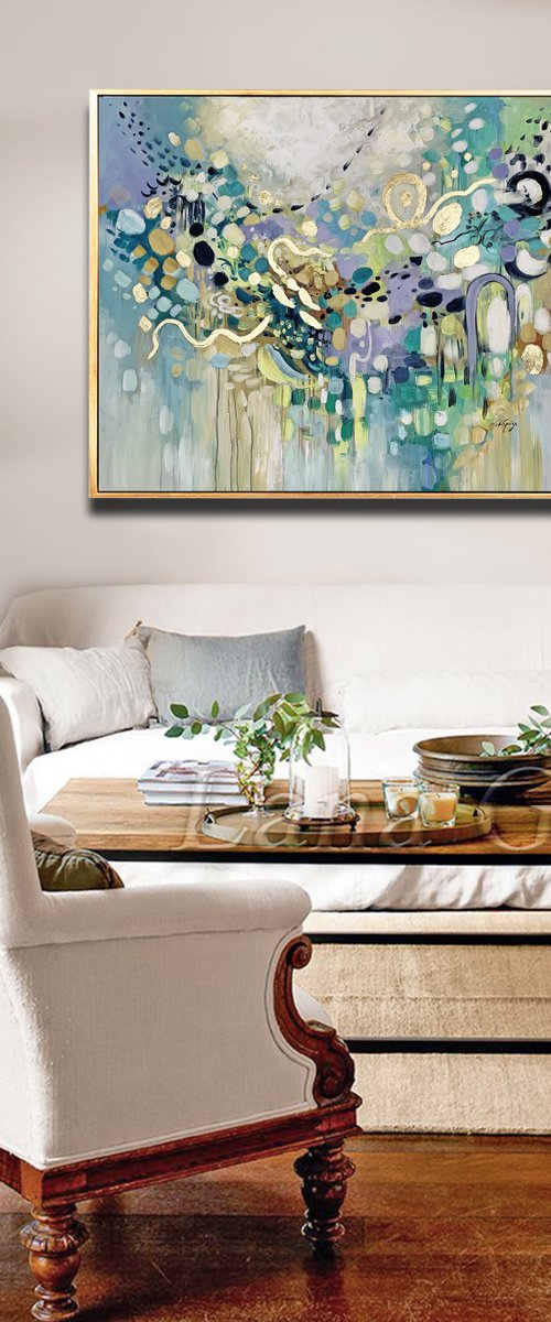 Summer Dream - Original Abstract Teal Blue Gray Gold Large Painting, Living Room Art, Minimalist Art, Wall Art Decor by Lana Guise
