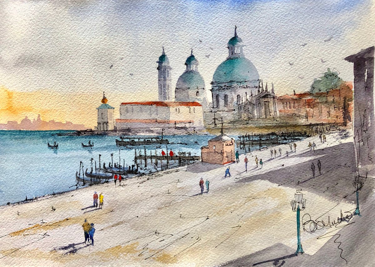 Impressionistic Cityscapes Watercolour By Brian Tucker, 14 X 10, View Along The Riva Schiavoni, Original Artwork