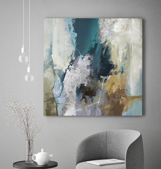 "Green Hill" Emerald silver abstract art